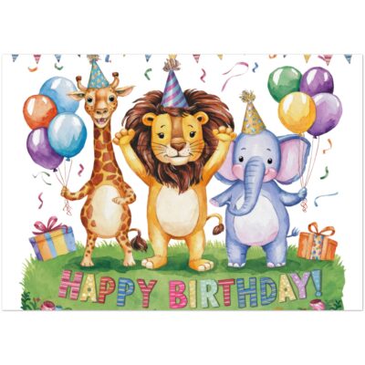 Geburtstagskarte - Happy Birthday - Giraffe, Löwe & Elefant - 10 Stk