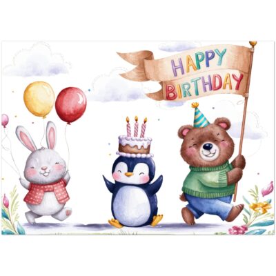 Geburtstagskarte - Happy Birthday - Hase, Pinguin, Bär - 10 Stk