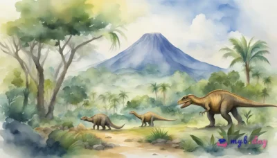 Eine prähistorische Landschaft mit umherstreifenden Dinosauriern, üppiger Vegetation und einem Vulkan im Hintergrund