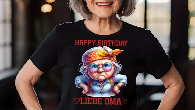 Oma mit lustigem T-Shirt zum Geburtstag.